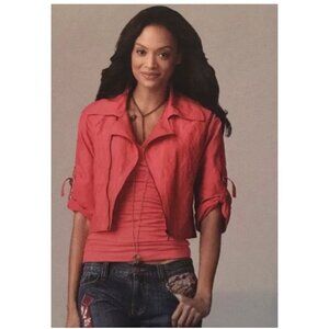 Cabi Coral Zip Front Lightweight Cropped Moto Jacket L Roll Tab Sleeves Pocket